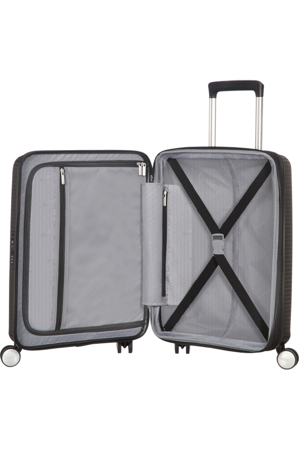 American Tourister Soundbox Spinner, rozšířitelný, 55 cm, temná černá American Tourister Soundbox Spinner, rozšířitelný, 55 cm, temná černá